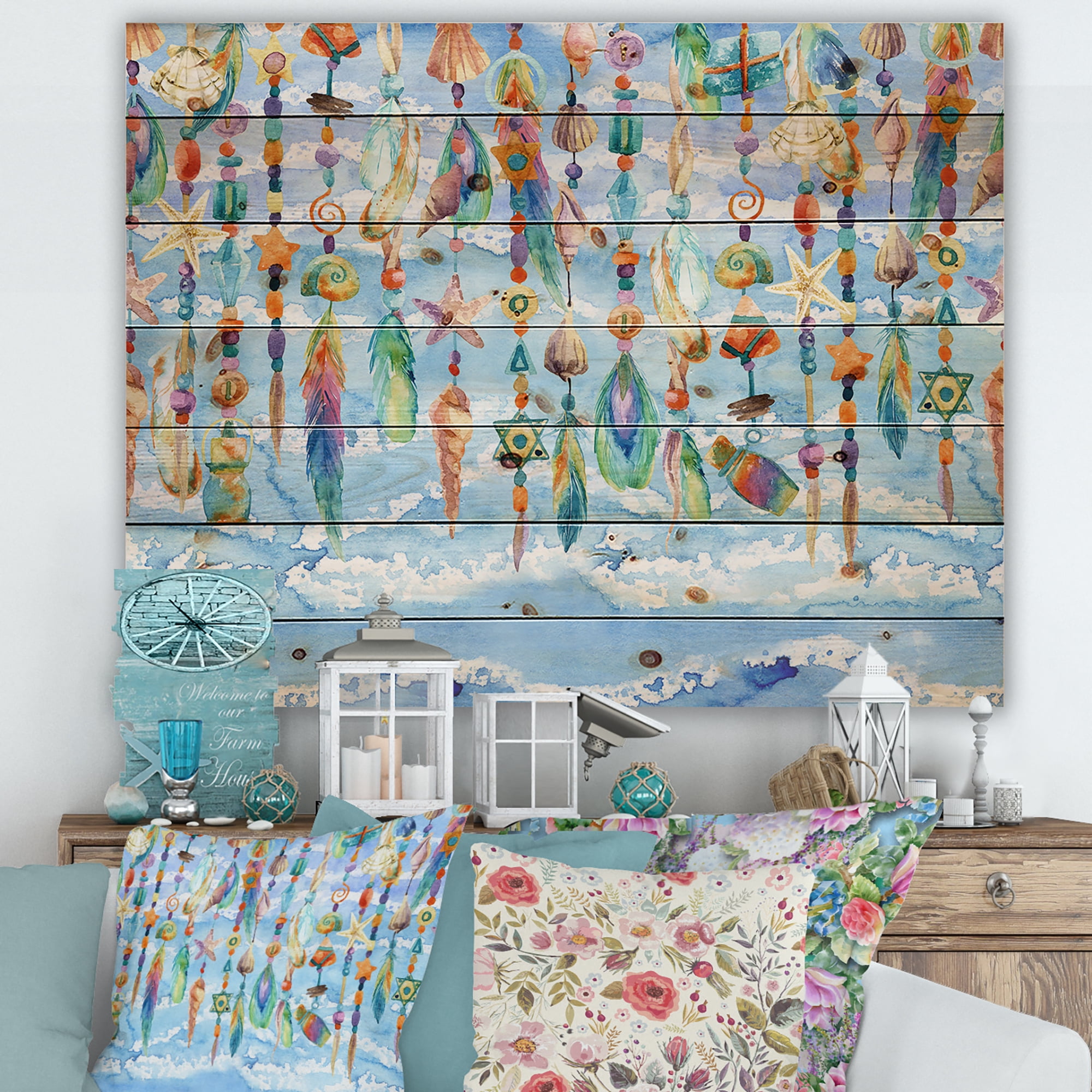 Designart 'Jewelry of Beads and Sea Shell' Traditional Print on Natural Pine Wood