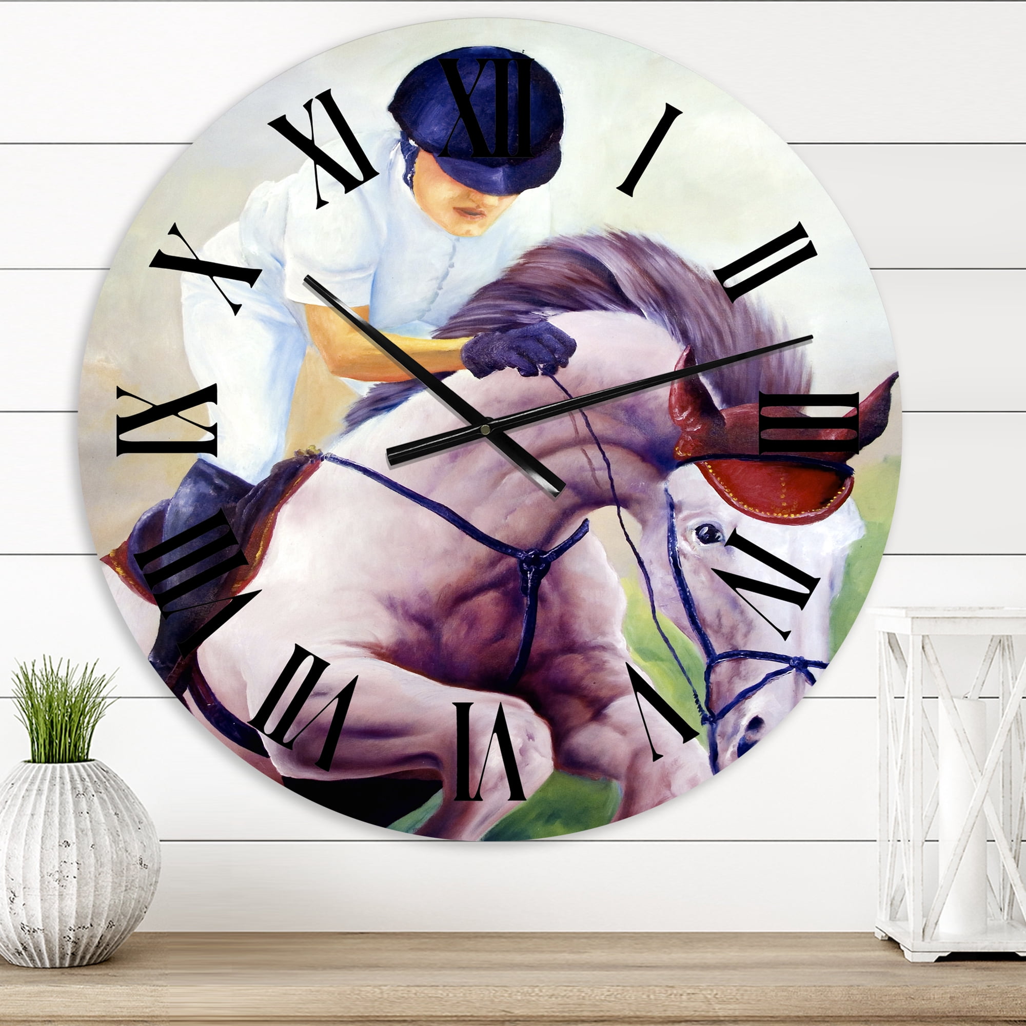 Designart 'Jockey On Galoping Horse' Farmhouse Wall Clock