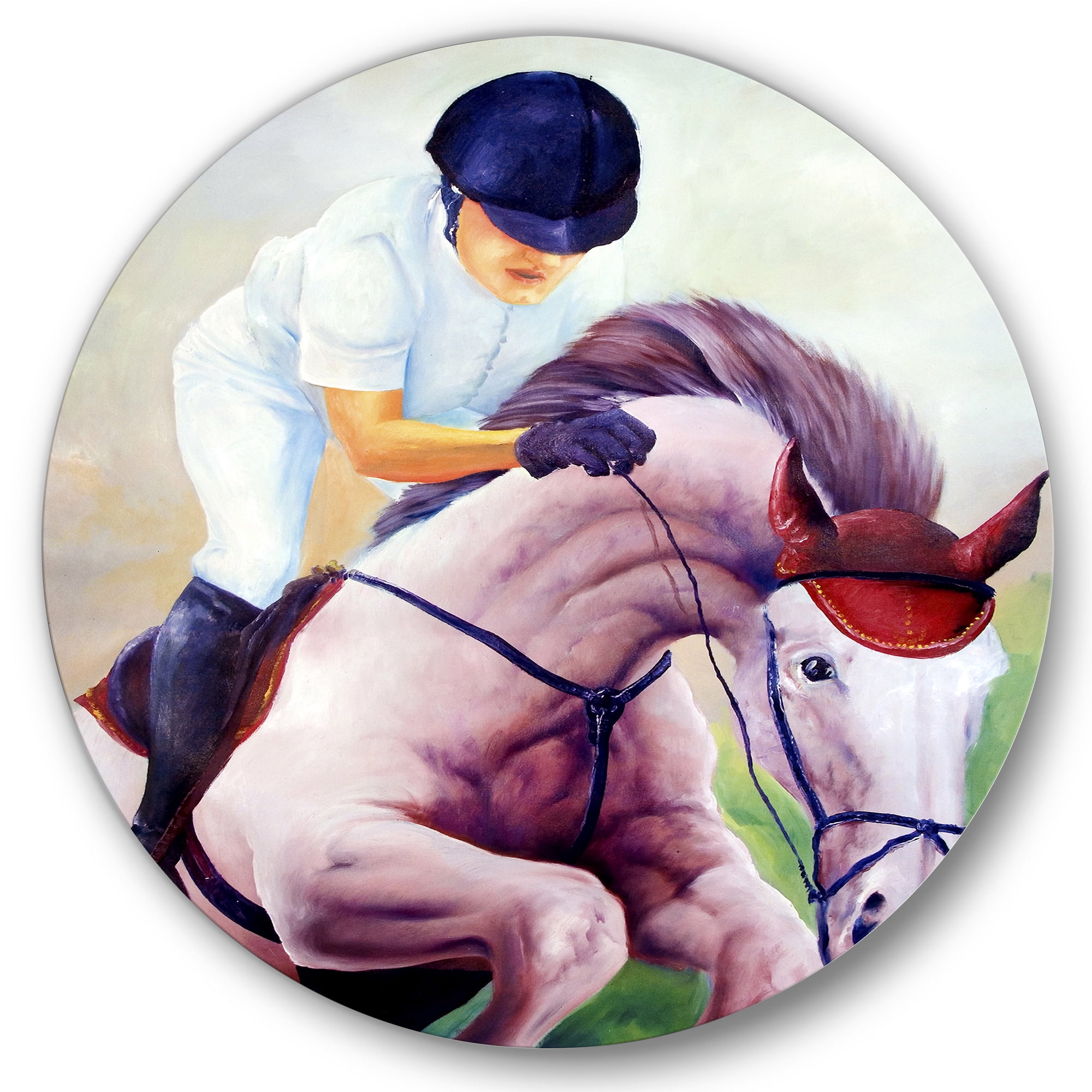 Designart 'Jockey On Galoping Pink Horse' Farmhouse Circle Metal Wall Art 23x23 - Disc of 23