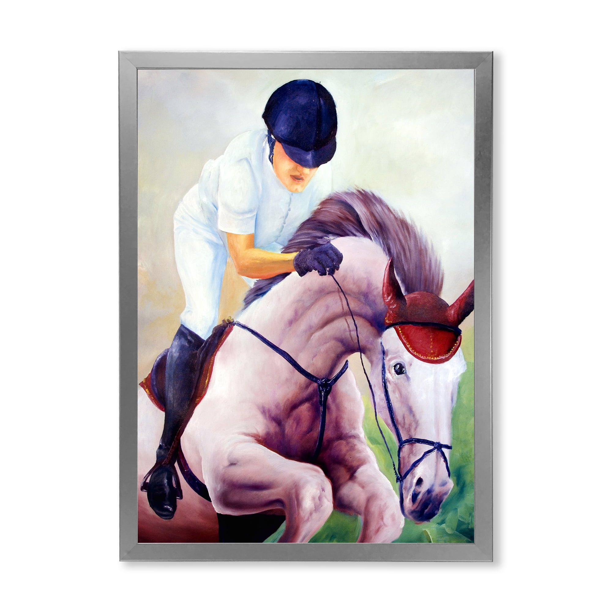 Designart 'Jockey On Galoping Pink Horse' Farmhouse Framed Art Print