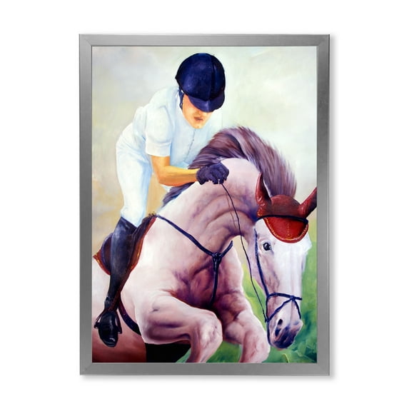 Designart 'Jockey On Galoping Pink Horse' Farmhouse Framed Art Print