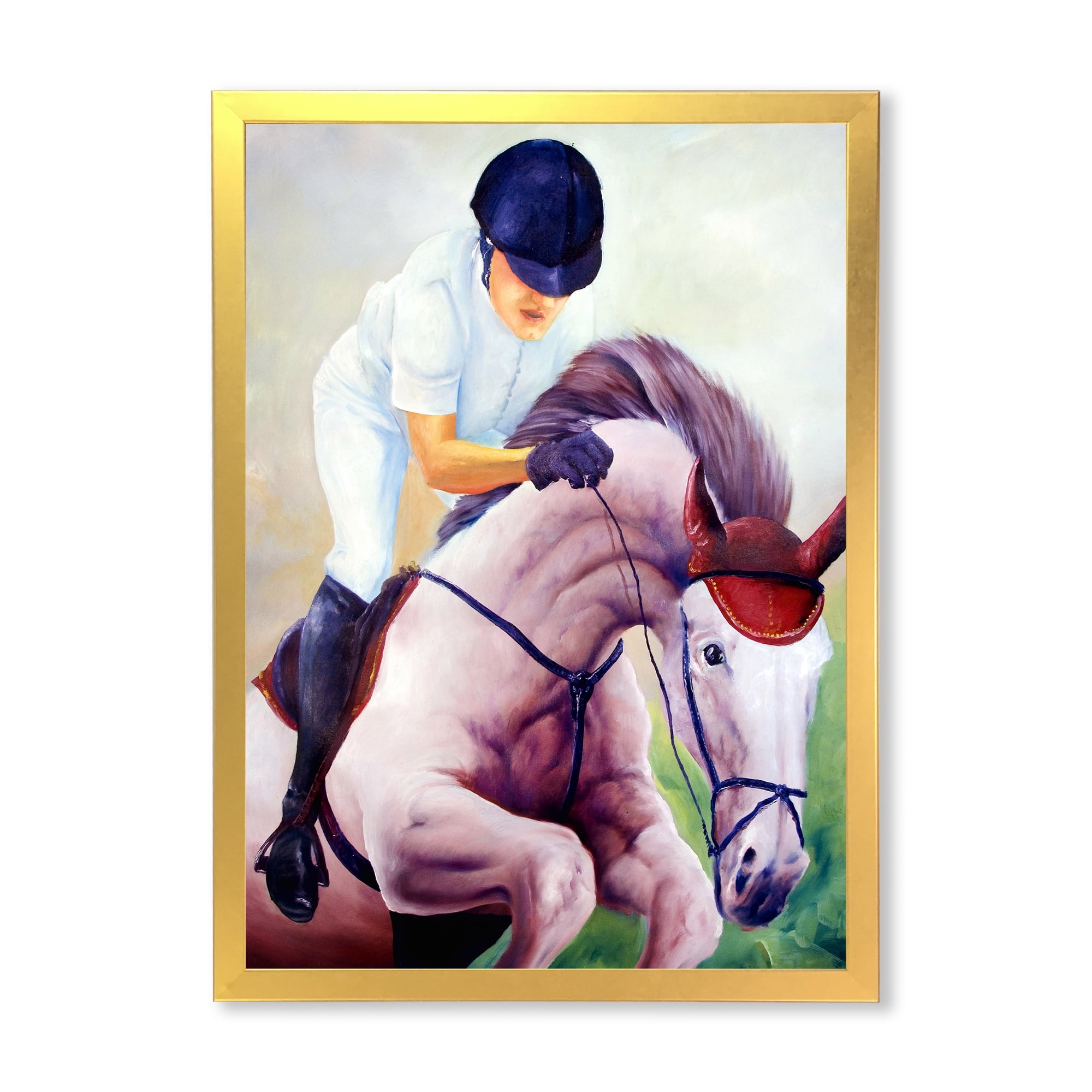 Designart 'Jockey On Galoping Pink Horse' Farmhouse Framed Art Print