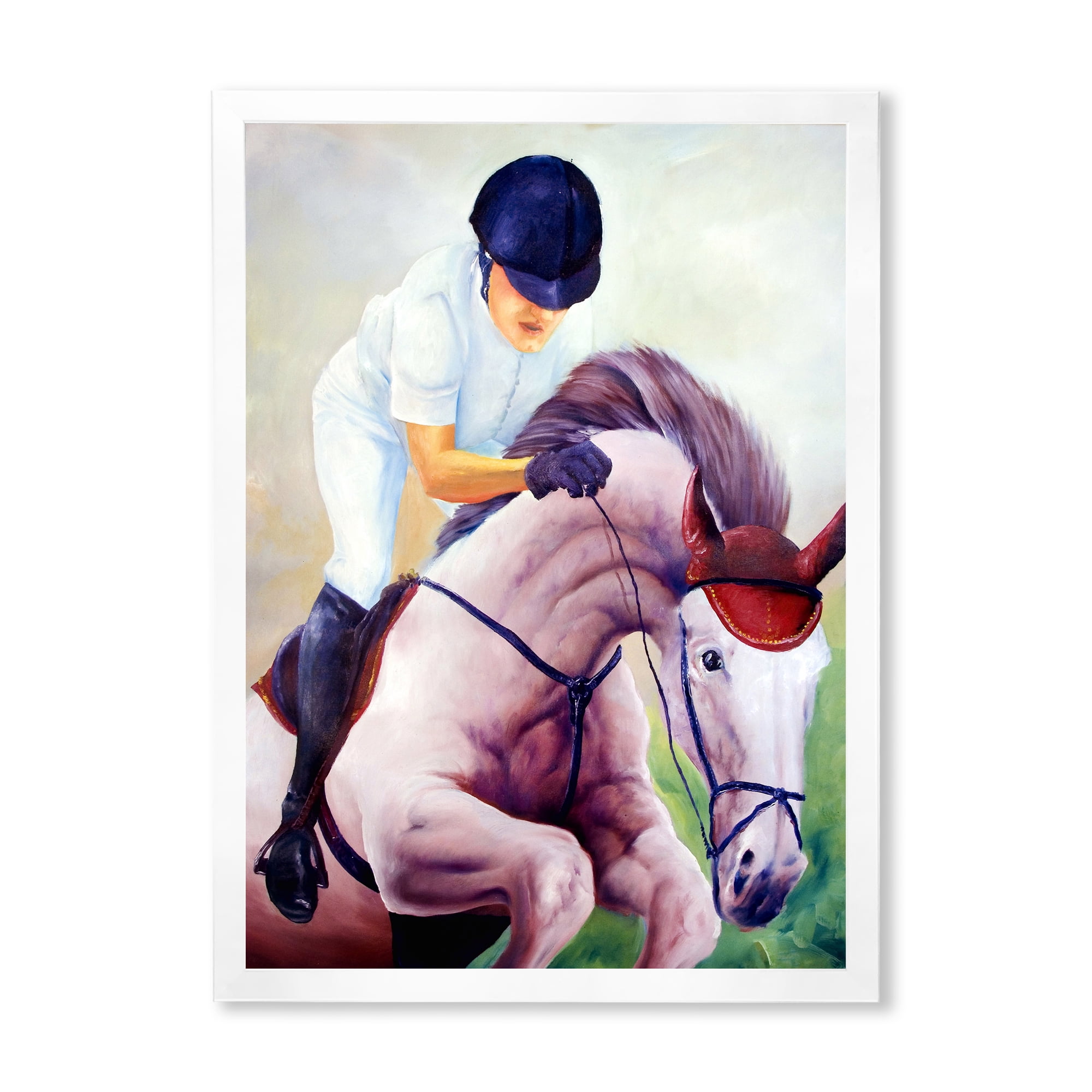 Designart 'Jockey On Galoping Pink Horse' Farmhouse Framed Art Print