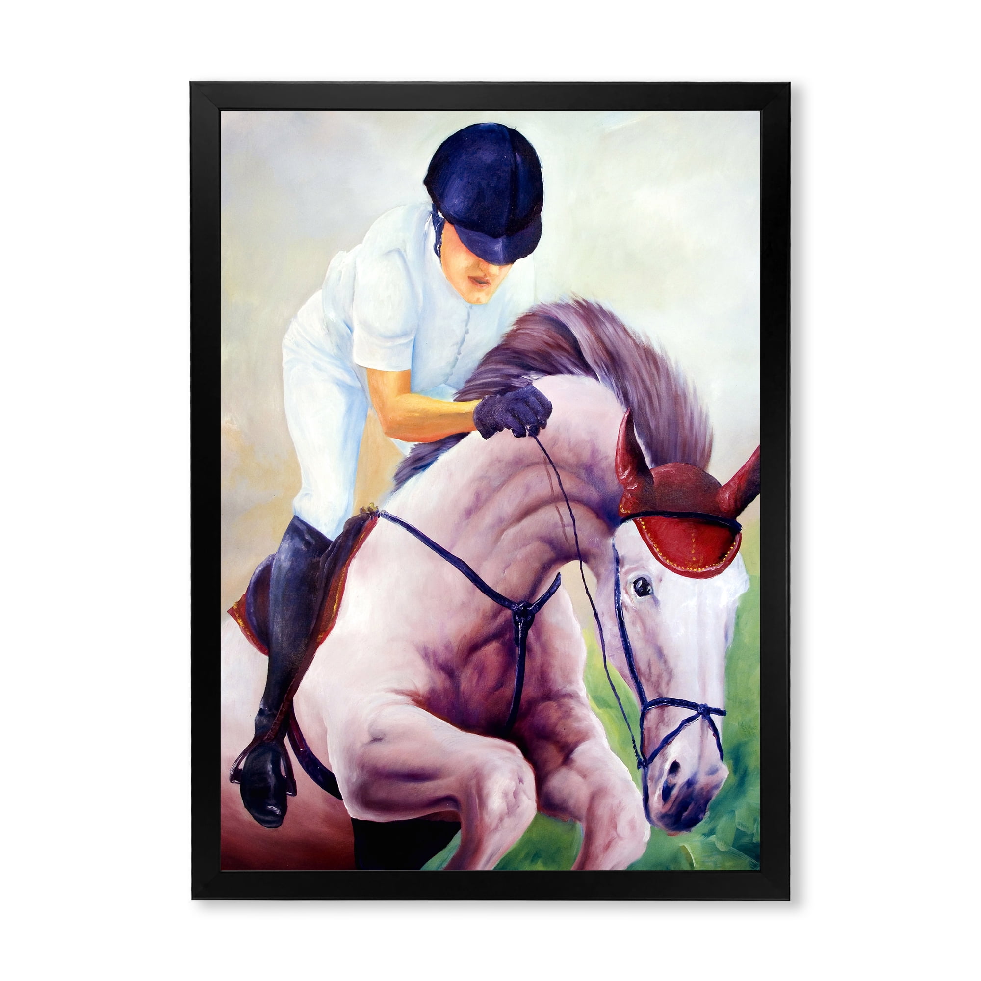 Designart 'Jockey On Galoping Pink Horse' Farmhouse Framed Art Print