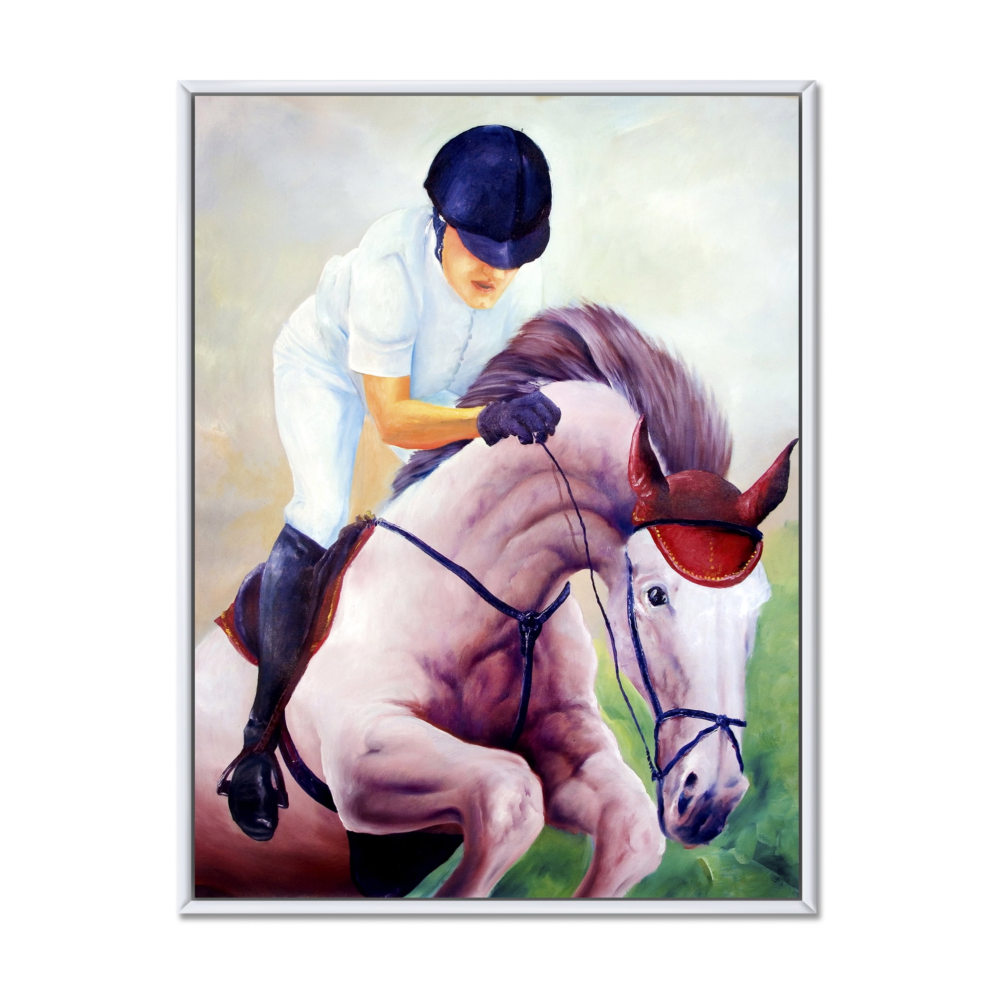 Designart 'Jockey On Galoping Pink Horse' Farmhouse Framed Canvas Wall Art Print