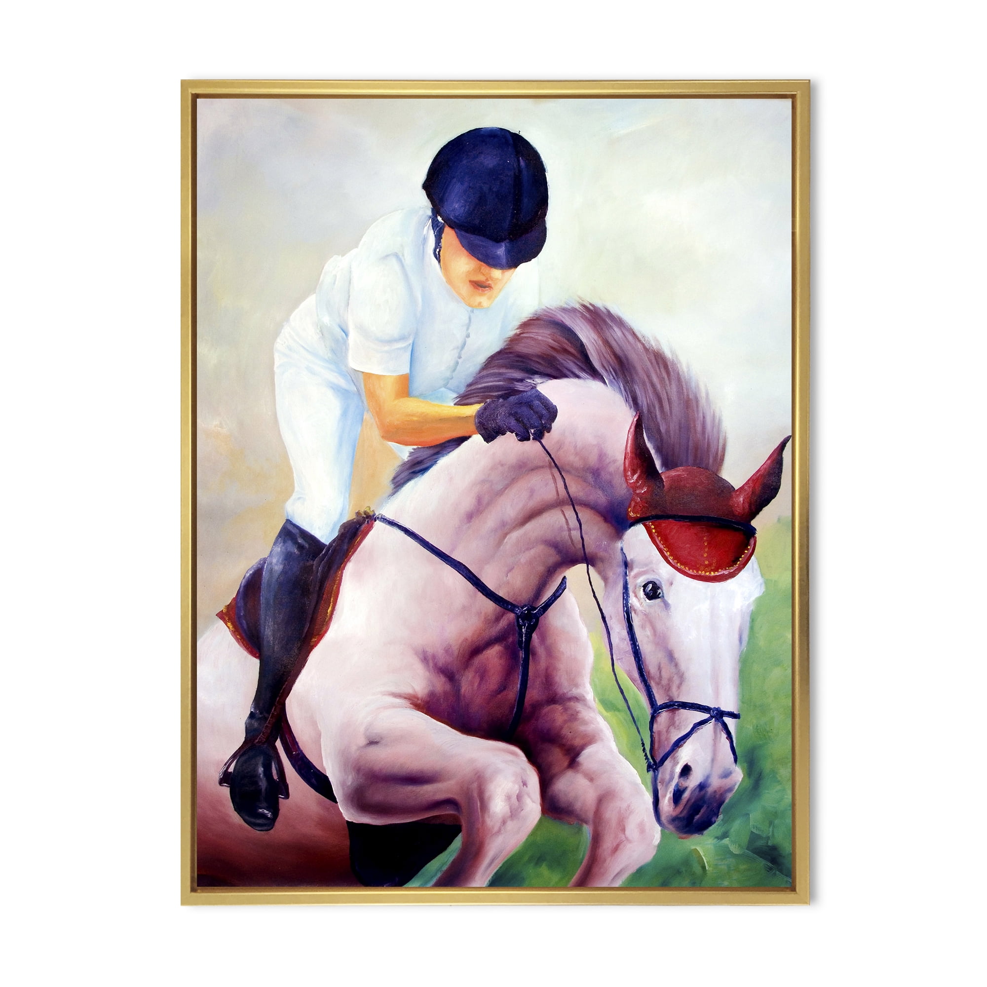 Designart 'Jockey On Galoping Pink Horse' Farmhouse Framed Canvas Wall Art Print