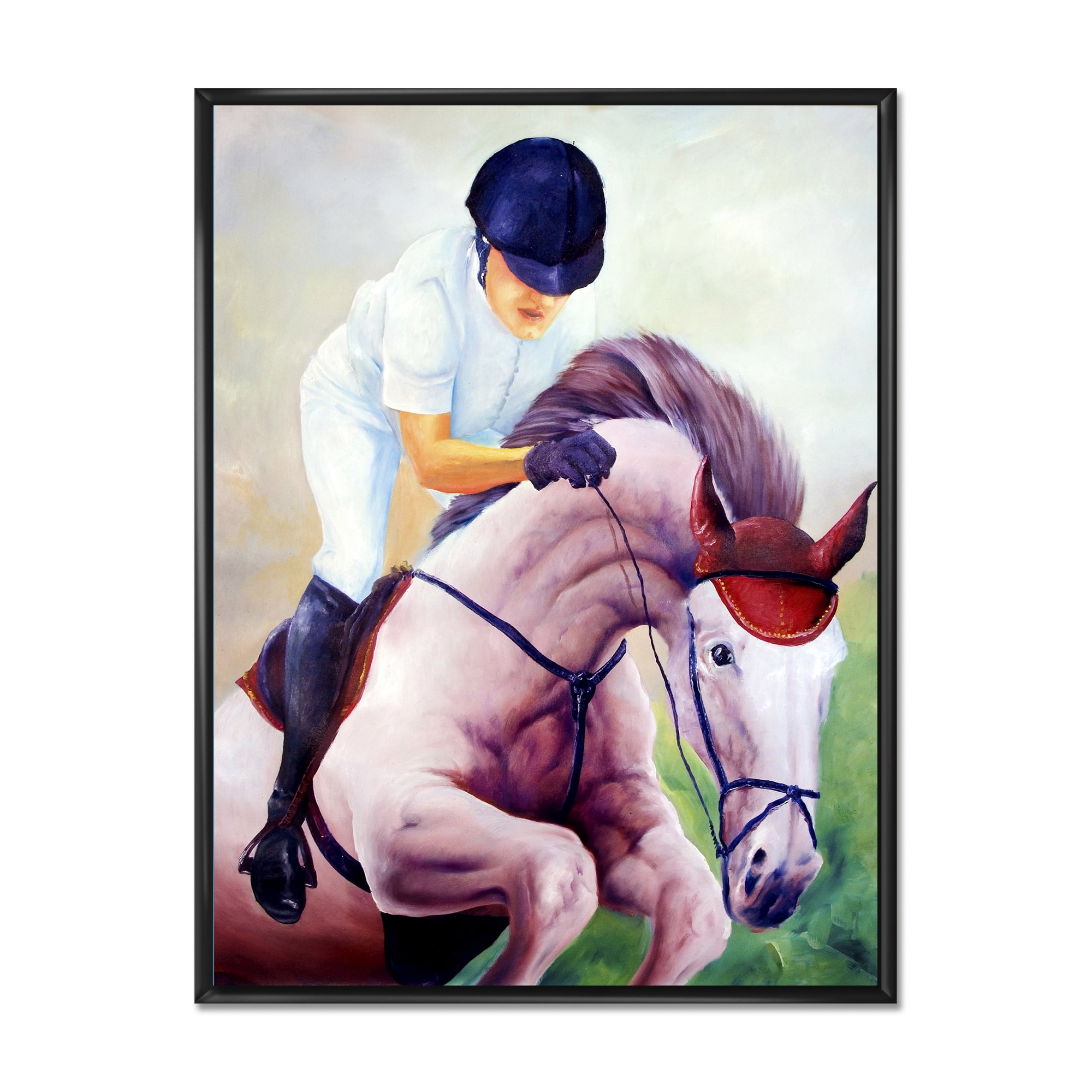 Designart 'Jockey On Galoping Pink Horse' Farmhouse Framed Canvas Wall Art Print