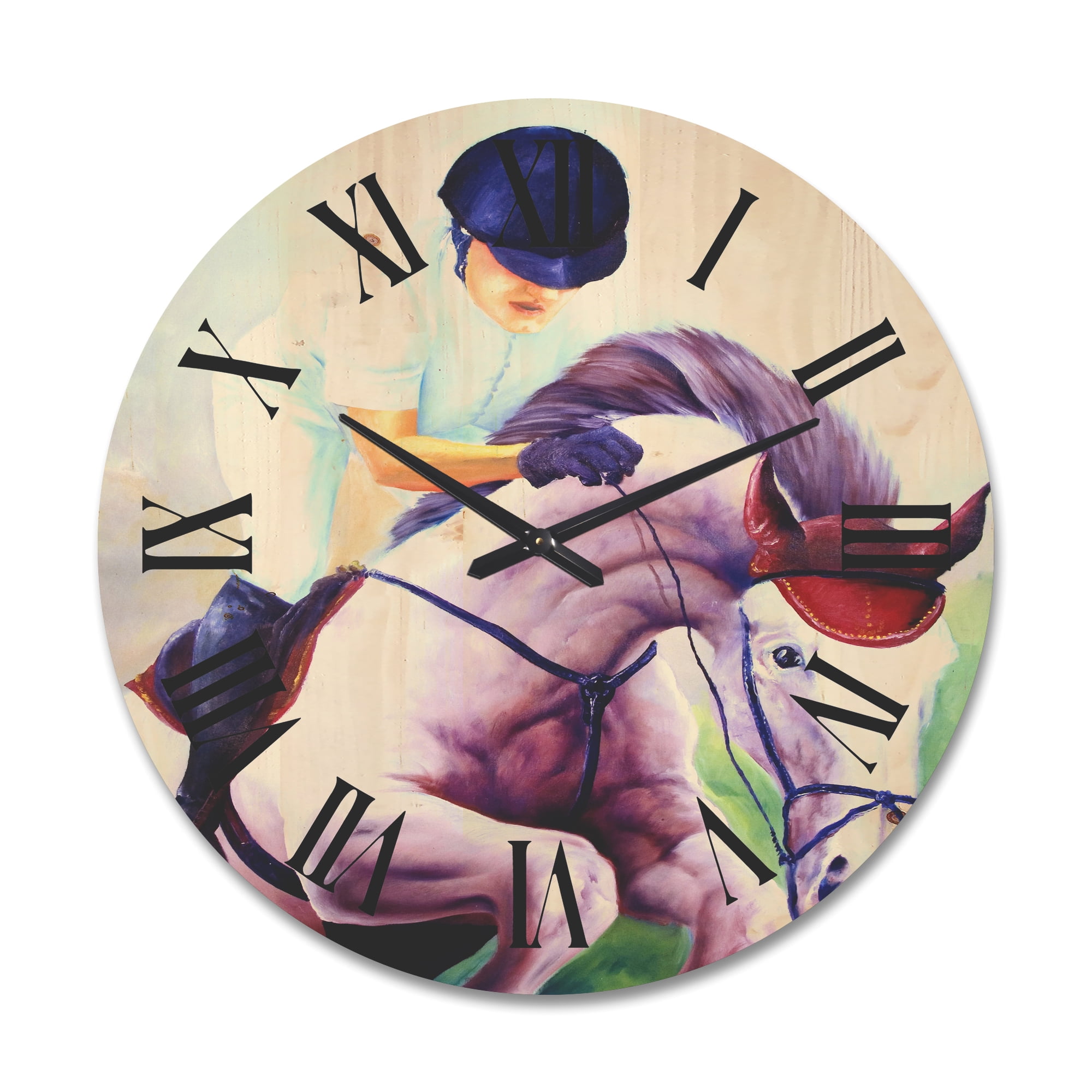 Designart 'Jockey On Galoping Pink Horse' Farmhouse Wood Wall Clock