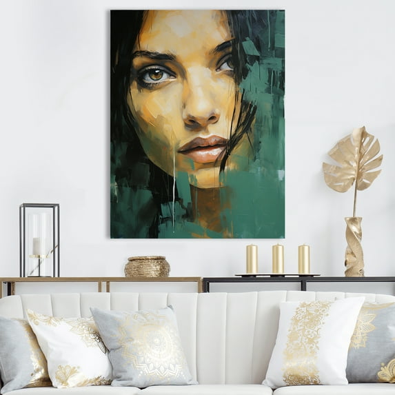 Designart "Jolie In Green Jade Portrait I" Woman Pop Art Canvas Prints