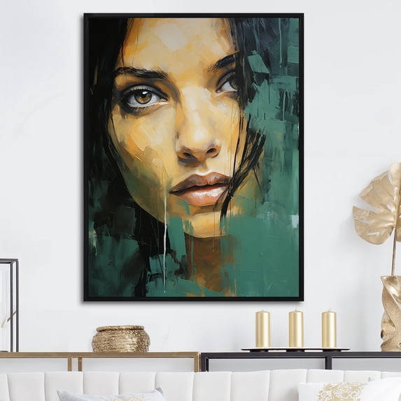 Designart "Jolie In Green Jade Portrait I" Woman Pop Art Floater Framed Canvas Prints