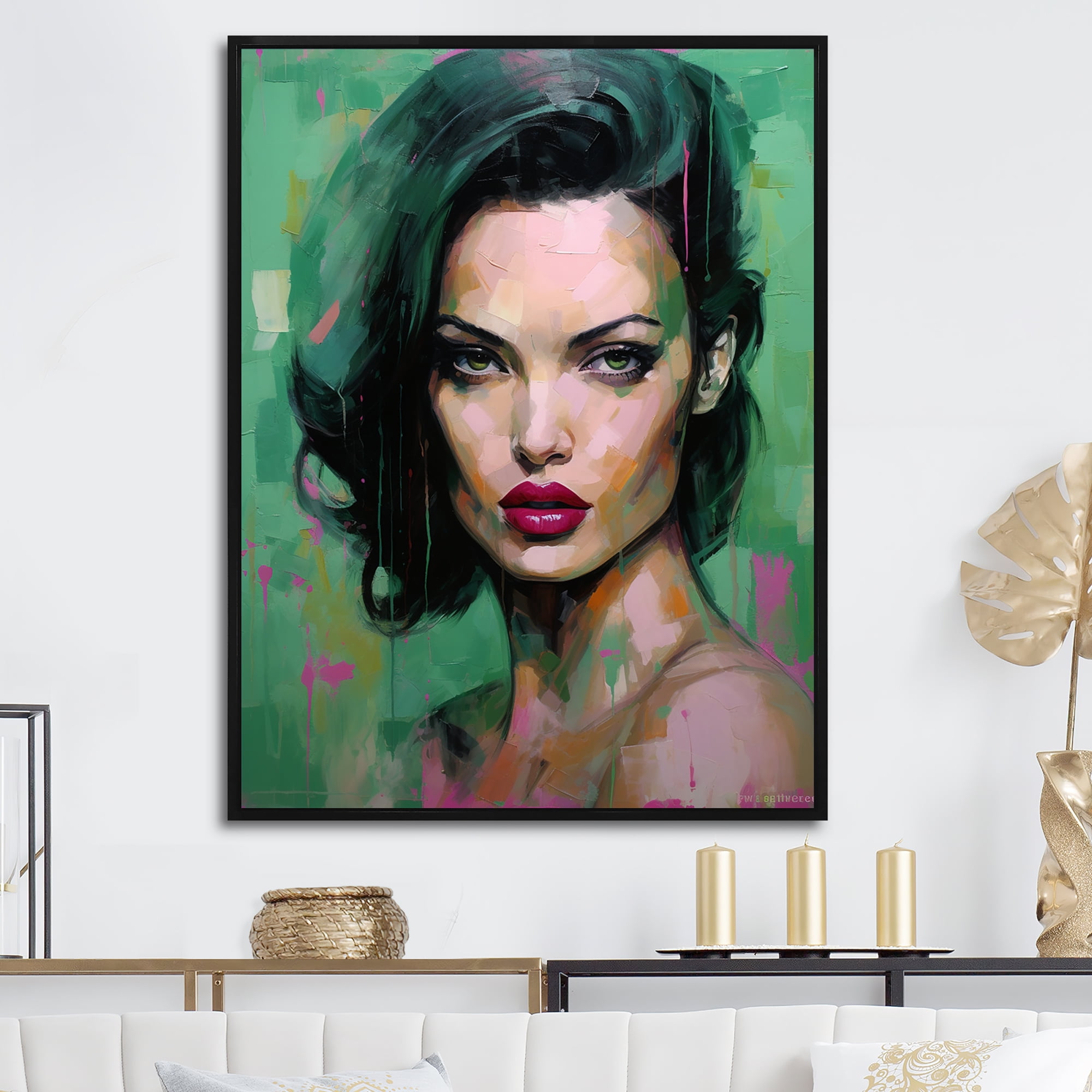 Designart "Jolie In Green Jade Portrait IV" Woman Pop Art Floater