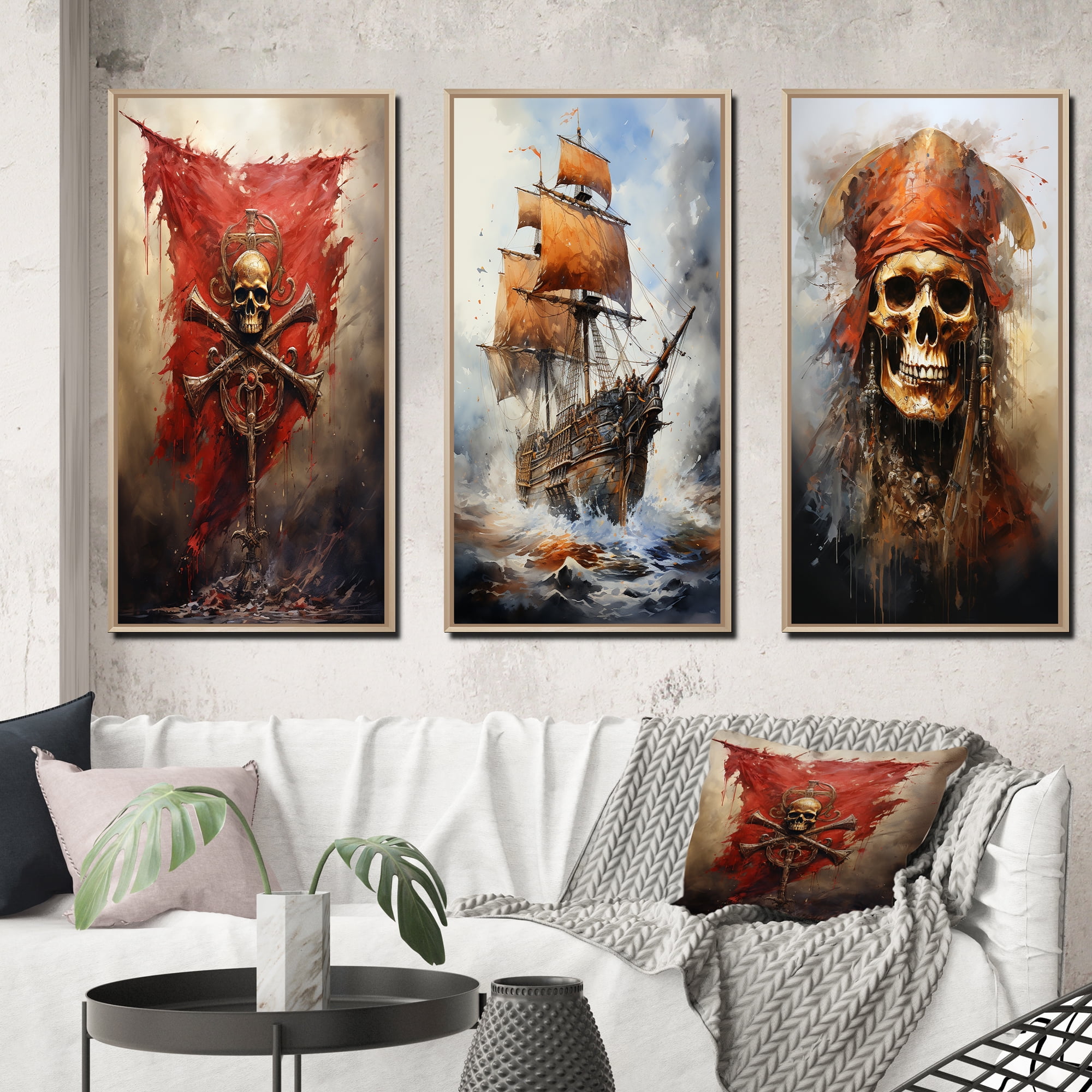 Maple Framed Red and Brown Pirate Canvas Art Set