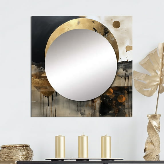 Designart "Journey of the Evolving Golden Moon III" Landscape Modern Square Mirror Wall Decor Traditional - Large Gold Square Bathroom Mirror - Square Printed Wall Mirror Art