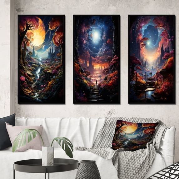 Designart "Journey Walking into the Great Mystery V" Abstract Landscape Framed Wall Art Set Of 3 - Yellow Abstract Landscapes Frame Gallery Set For Office Decor