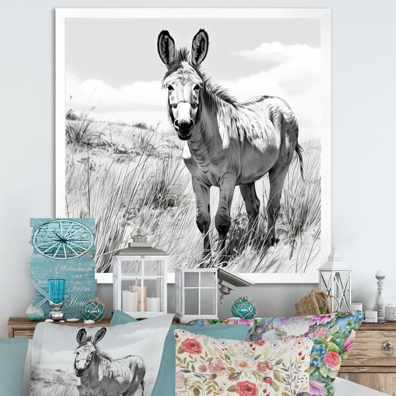 Designart "Journey of Black and White Donkey in Meadow" Animals Framed Wall Art Decor - Modern Grey Donkey Bedroom Framed Canvas Wall Art