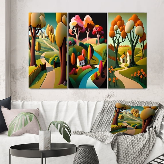 Designart "Journey through Mountains Rustic Road VII" Abstract Landscape Wall Art Set Of 3 - Abstract Landscapes Green Gallery Set For Office Decor