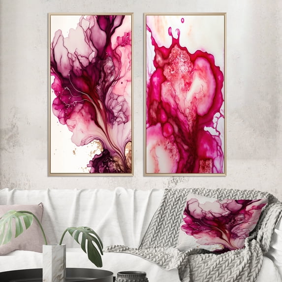 Designart "Joyful Eruptions in Raspberry Blush Revelry III" Abstract Liquid Ink Framed Wall Art Set Of 2 - Modern Pink Framed Wall Art Set Of 2