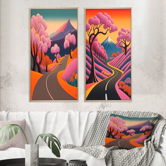 Designart "Joyful Pink Mountain Landscape Along the Swirling Road I" Meadow Framed Wall Art Set Of 2 - Traditional Pink Gallery Wall Frame Set For Home Decor