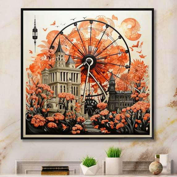 Designart "Joyful Spin Coral Ferris Wheel Delight II" Amusement Parks Floater Framed Wall Art Print