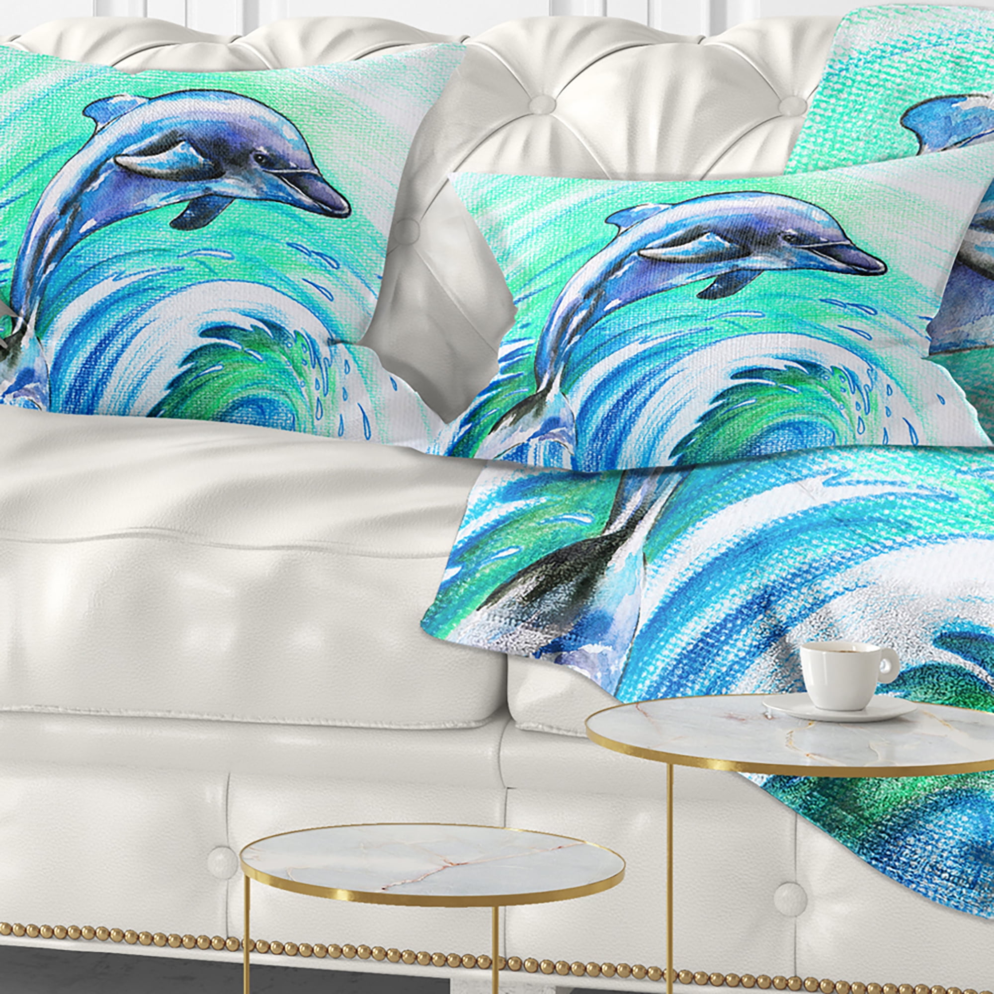 Designart Jumping Dolphin Watercolor - Animal Throw Pillow - 12x20
