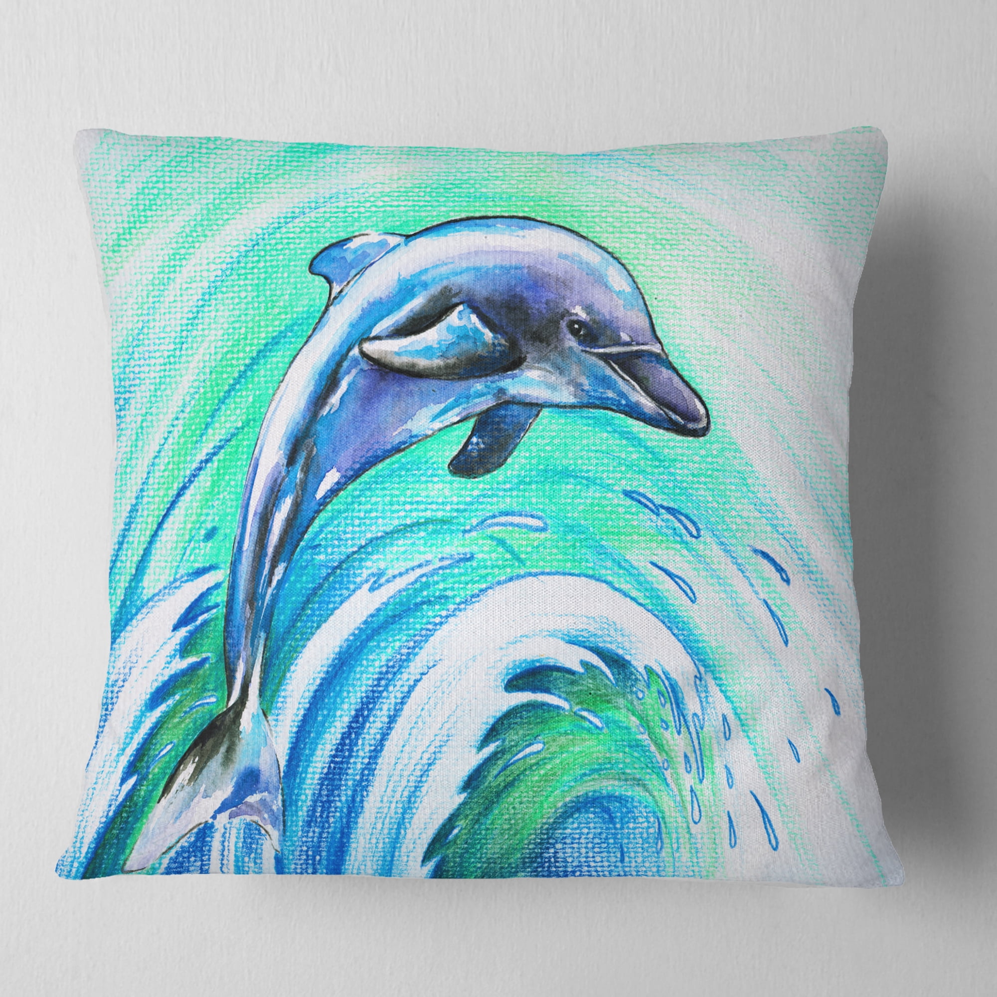 Designart Jumping Dolphin Watercolor - Animal Throw Pillow - 16x16