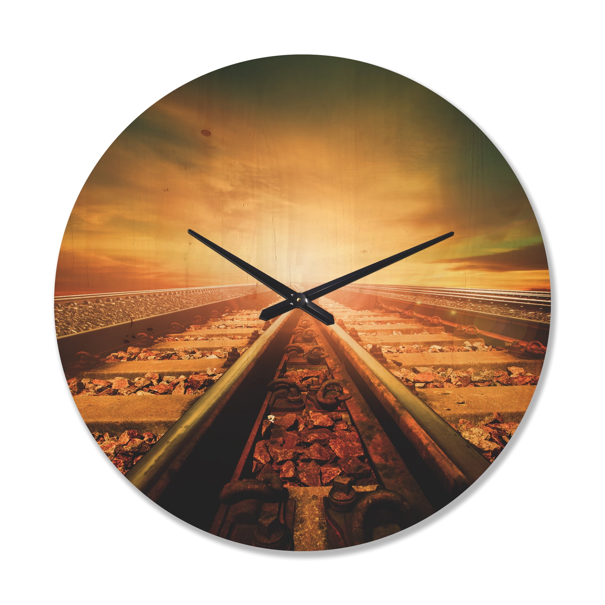 Designart 'Junction of Railways Track At Sunset' Modern Wood Wall Clock
