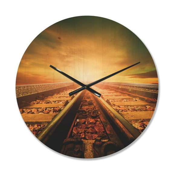Designart 'Junction of Railways Track At Sunset' Modern Wood Wall Clock
