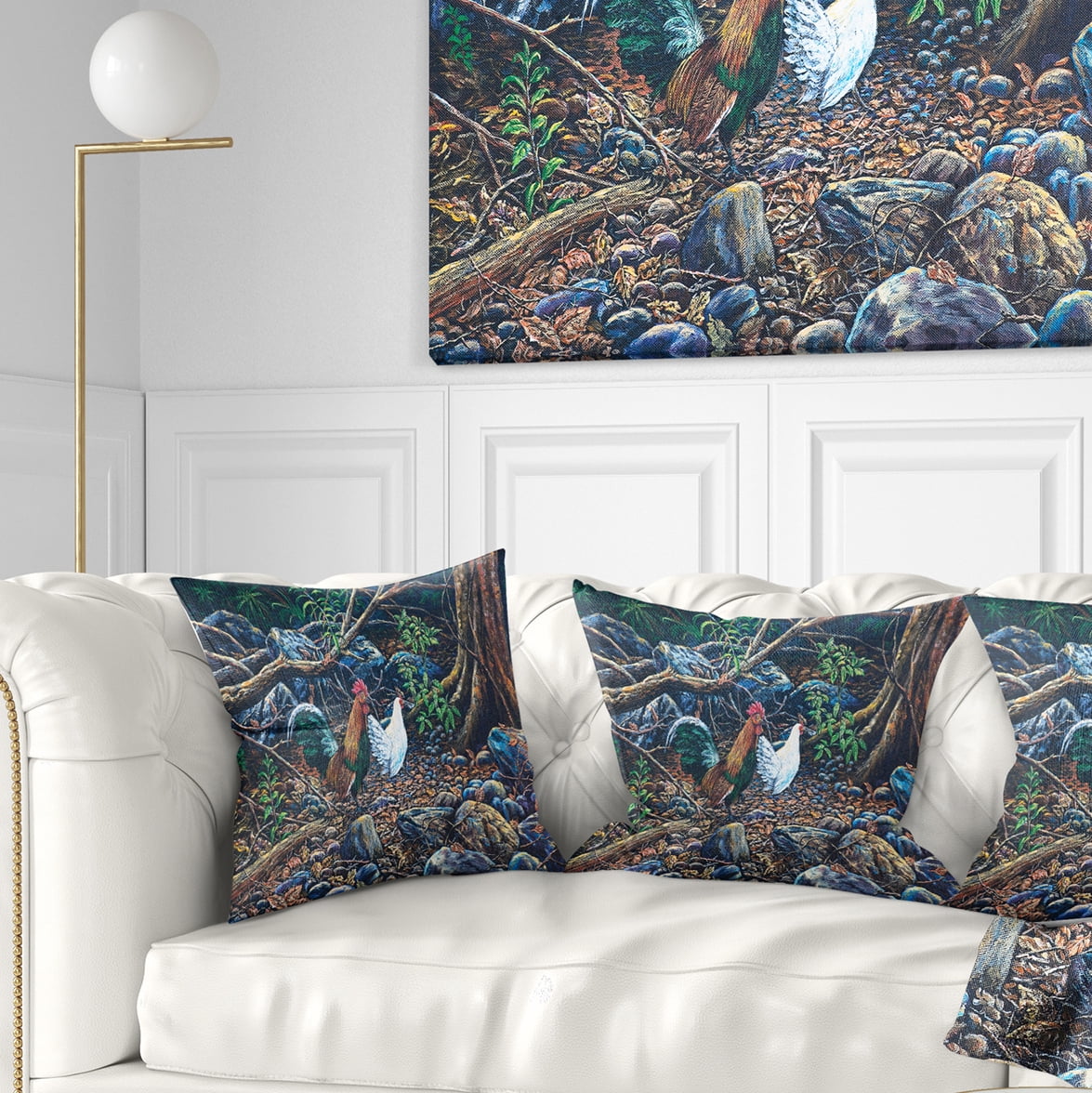 Designart Jungle Fowl in Forest - Landscape Printed Throw Pillow - 18x18