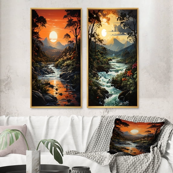 Designart "Jungle Jubilation at Rivermountain Sunset II" River Mountain Framed Wall Art Set Of 2 - Orange Landscapes Framed Canvas Set For Living Room Decor