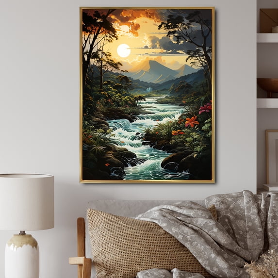 Designart "Jungle Jubilation at Rivermountain Sunset I" Cottage Floater Framed Canvas Print