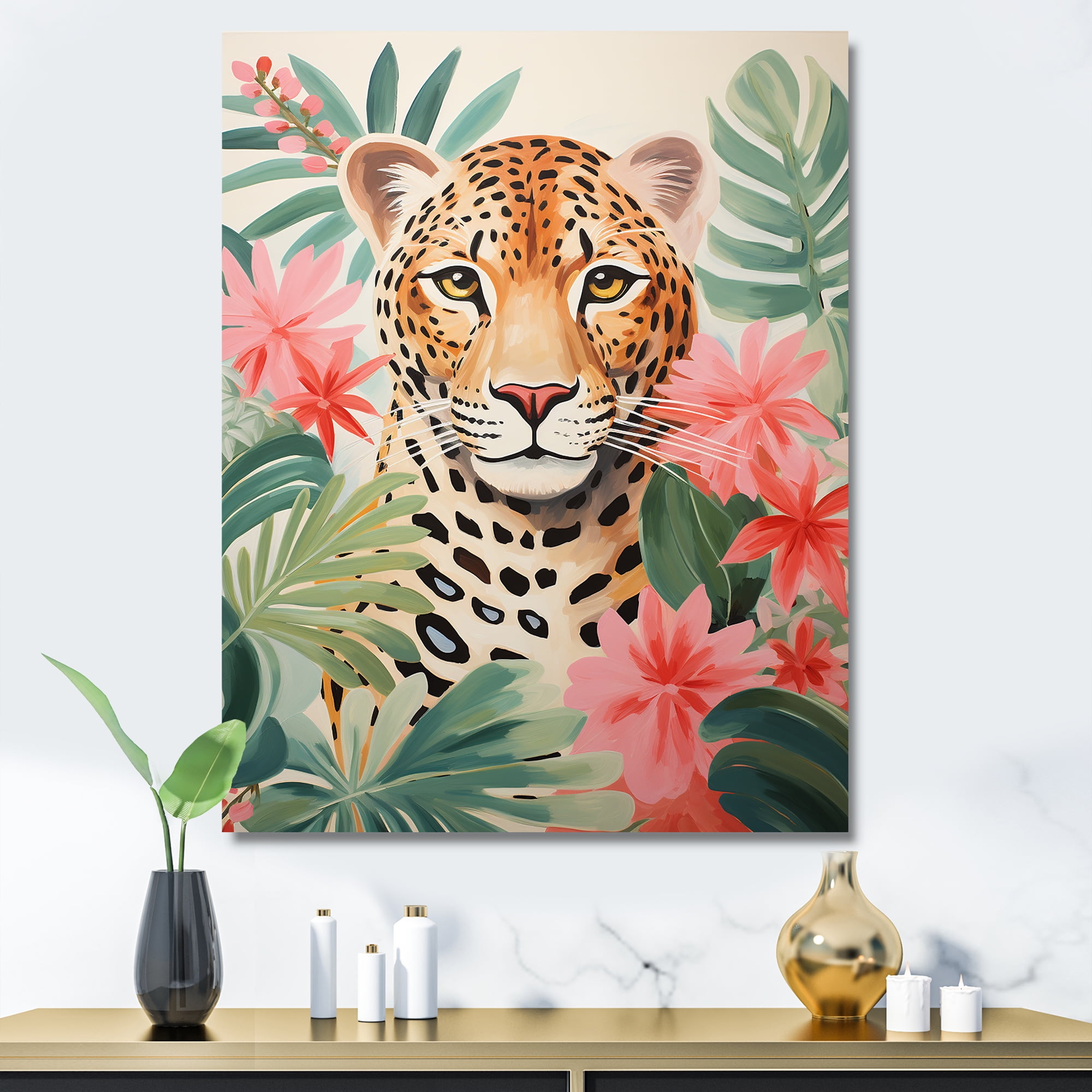 Green and Pink Jungle Leopard Canvas Art Print