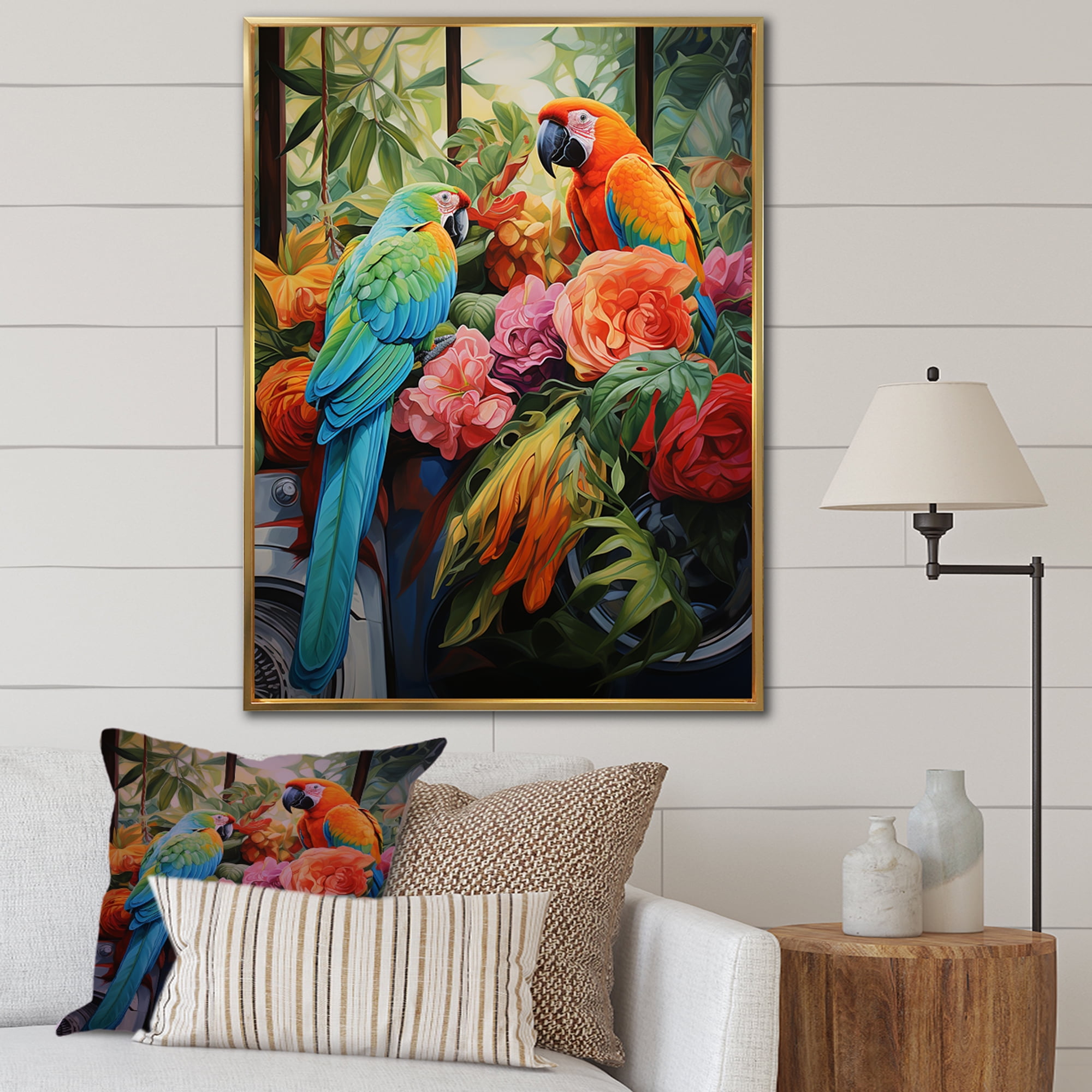 Designart "Jungle Paradise of Blue Parrots" Animals Framed Wall Art