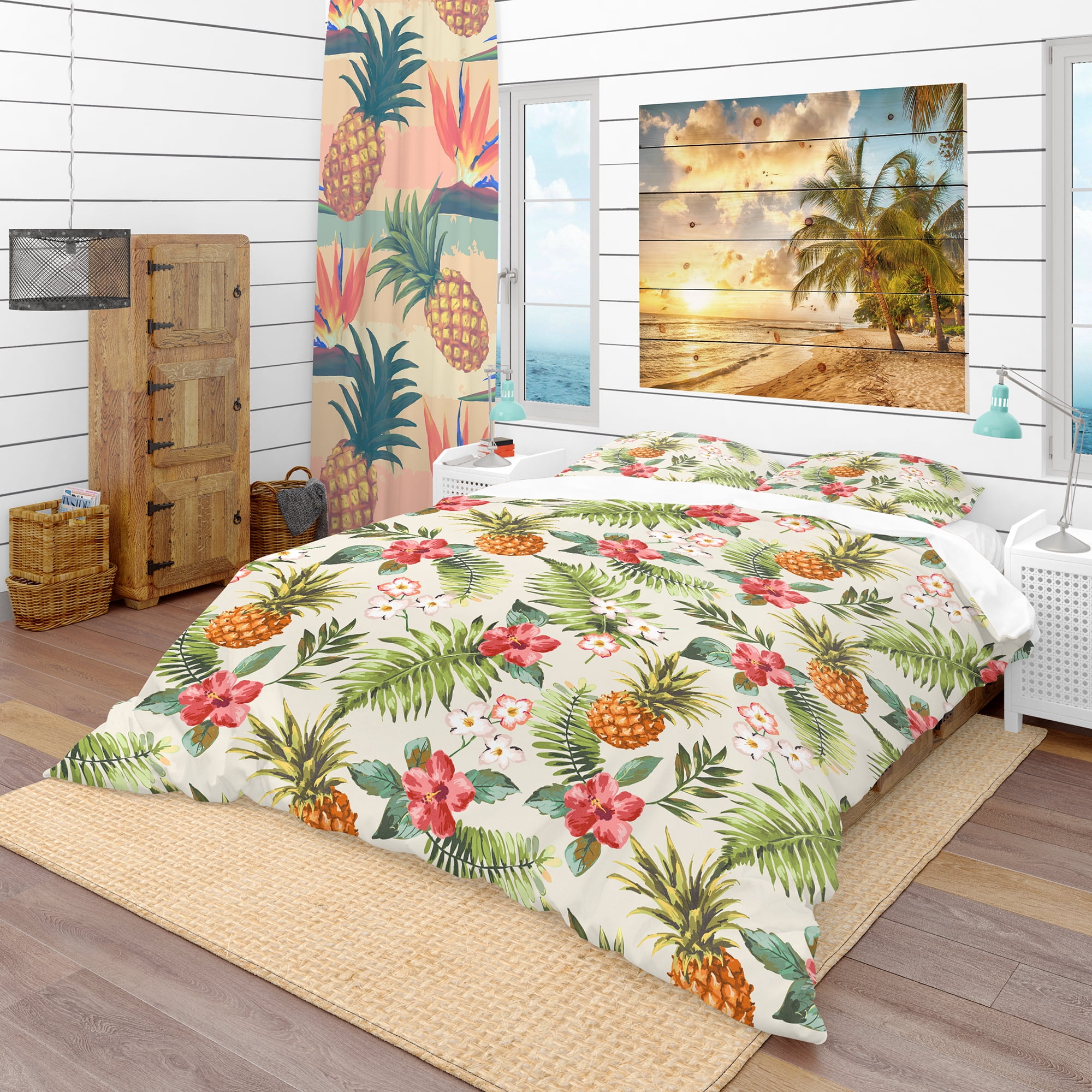 Designart 'Jungle Pineapple Red Flower Pattern' Tropical Duvet Cover Set