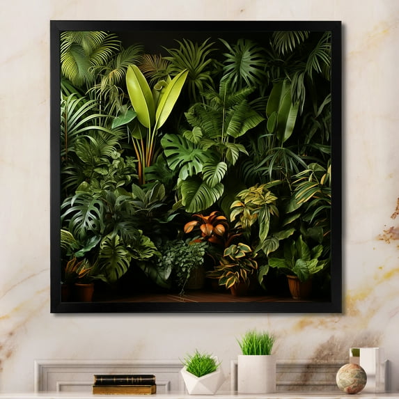 Designart "Jungle Plants Collage Whispers of the Rainforest I" Landscapes Framed Wall Art Decor - Tropical Green Jungle Hallway Framed Wall Art Decor