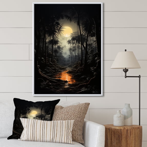Designart "Jungle Shadows With Charcoal Palm Trees" Palms & Palm Trees Floater Framed Wall Art Living Room