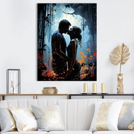 Designart "Jungle Sunset Romance Couple's Retreat" Fashion Canvas Wall Art - Glam Orange Pop Art Entryway Wall Art Print