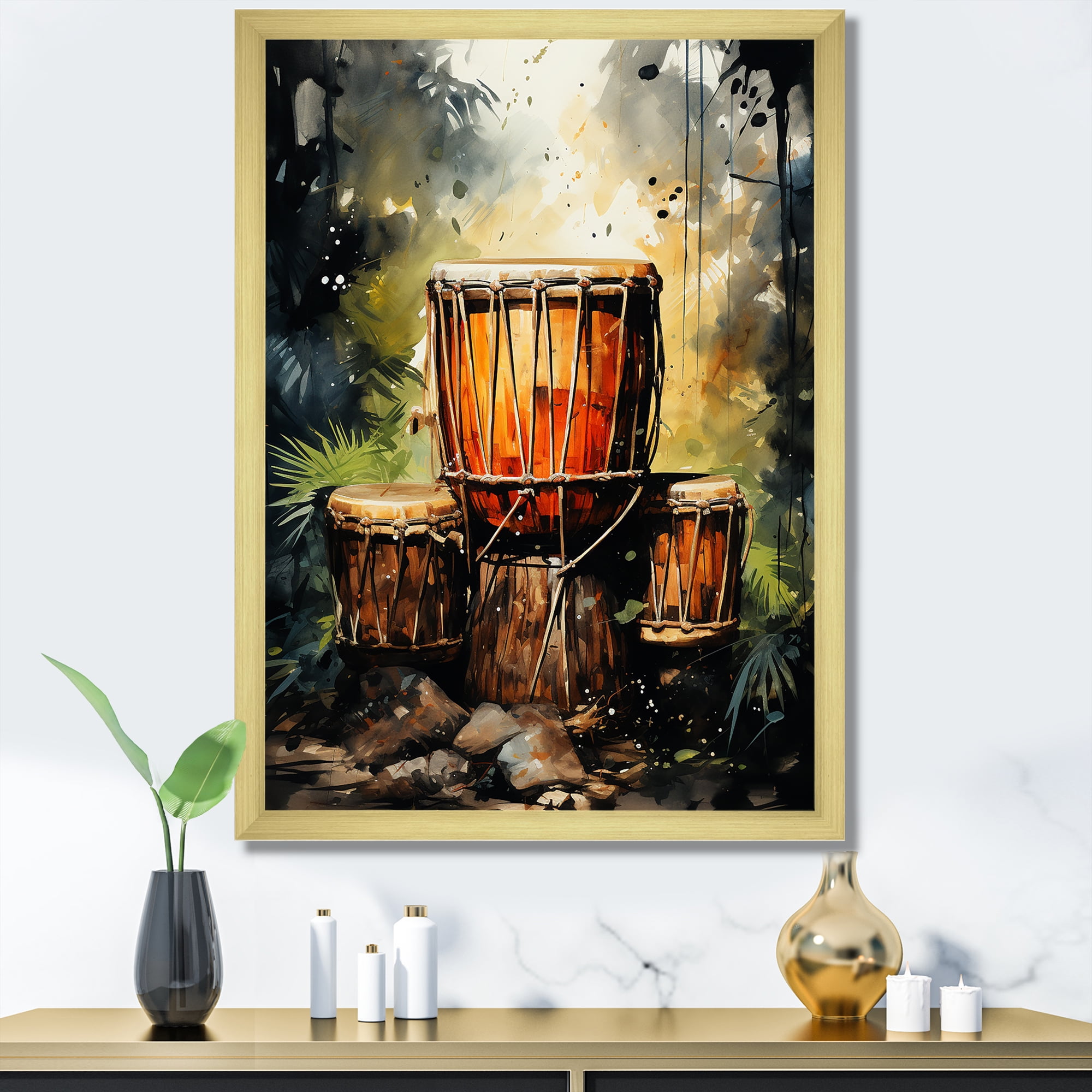Vintage Brown and Green Canvas Print with Gold Frame, 16" x 32"