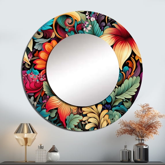 Designart "Jungle Tapestry I" Floral Rund Mirror For Wall Decor - Large Multicolor Round Print Mirror - Round Cottage Mirror - Wall Mounted Round Large Mirror - 23" x 23"