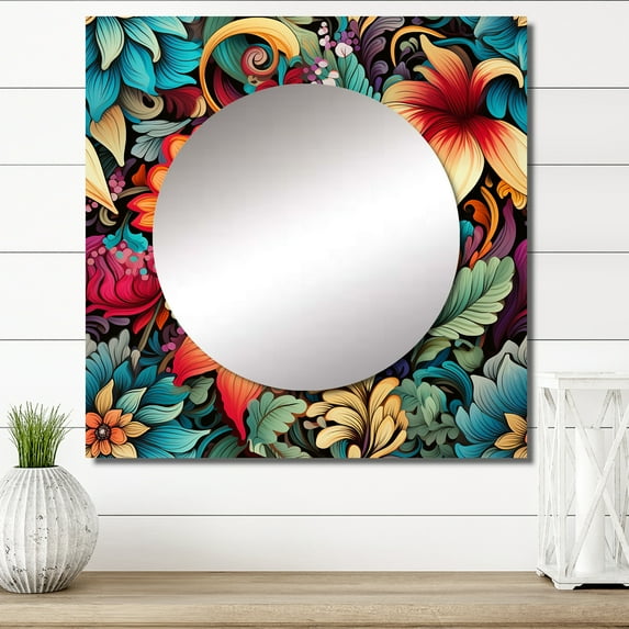 Designart "Jungle Tapestry I" Floral Square Mirror Wall Decor Cottage - Large Multicolor Square Bathroom Mirror - Square Printed Wall Mirror Art