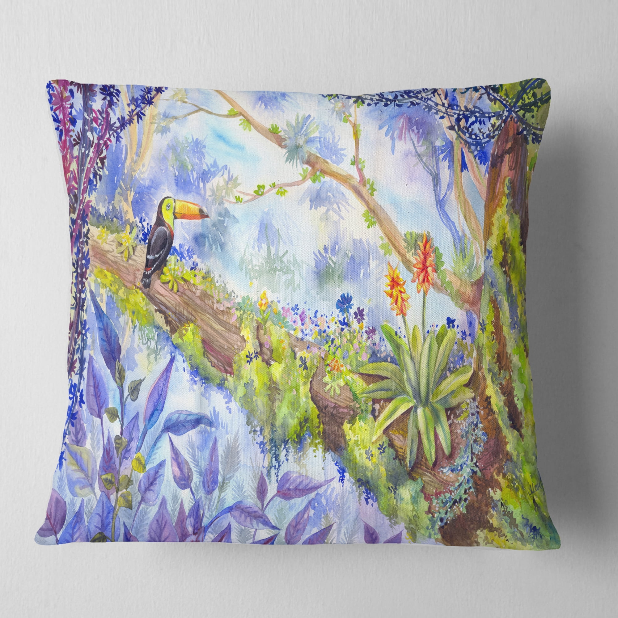 Designart Jungle with Bird Toucan on Tree - Landscape Printed Throw Pillow - 16x16