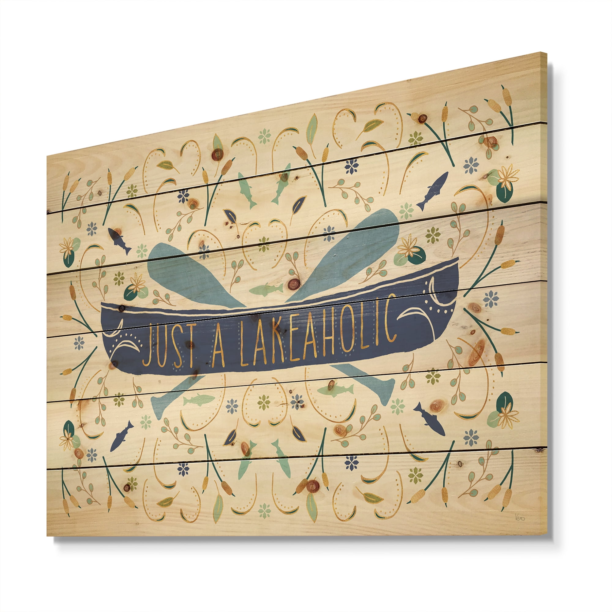 Designart 'Just a Lakeaholic Nautical Shapes' Lake House Print on Natural Pine Wood