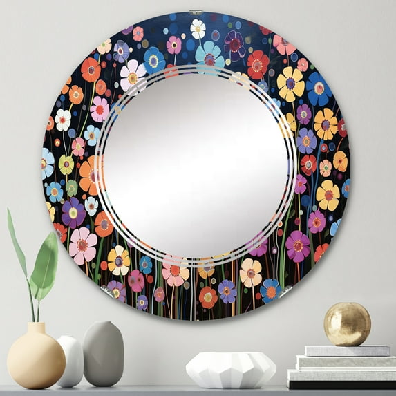 Designart "Kaleidoscope of Abstract Colorful Wildflowers" Floral Round Wall Mirror - Traditional Oval Printed Decorative Oversized Mirror - Multiple Color Options