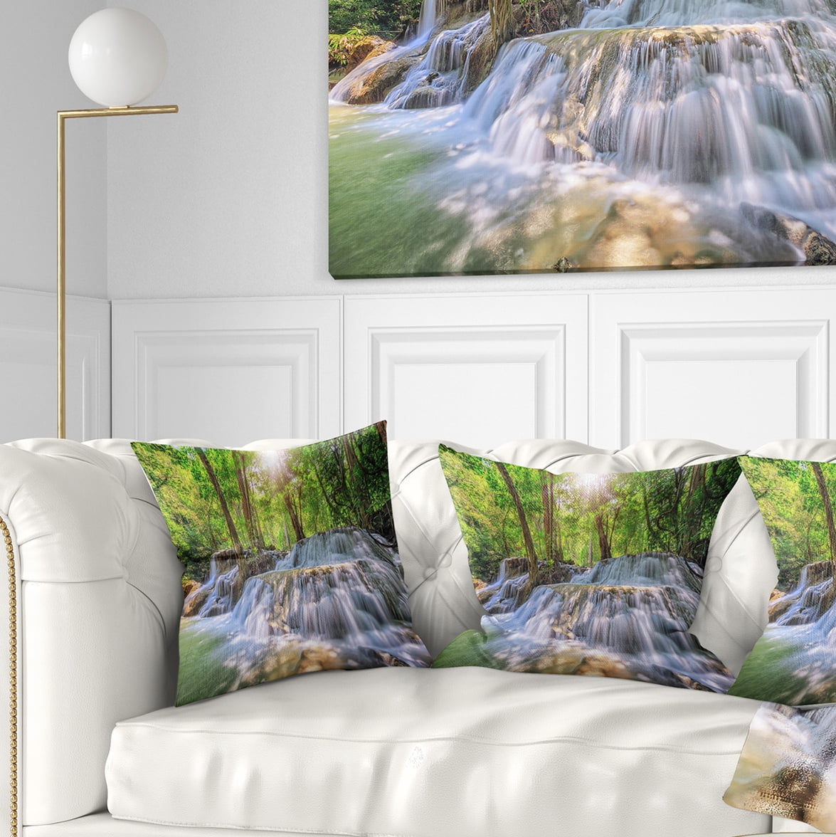 Designart Kanchanaburi Waterfall - Photography Throw Pillow - 16x16