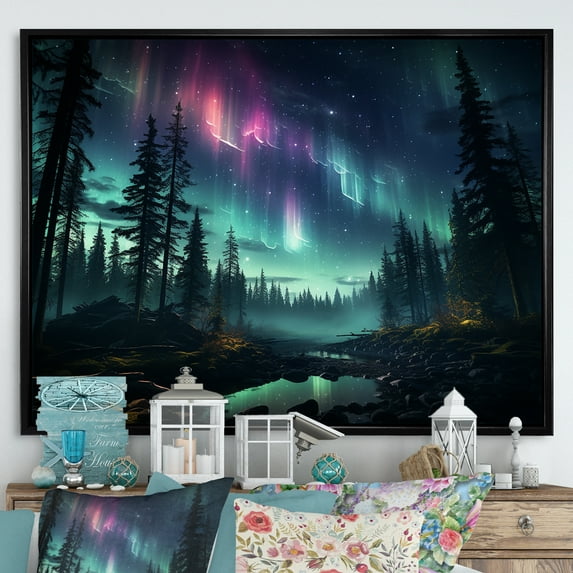 Designart "Kawaii Aurora Borealis In Canada I" Aurora Borealis Floater Framed Canvas Prints