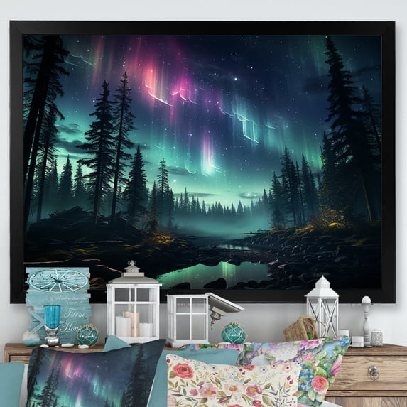 Designart "Kawaii Aurora Borealis In Canada I" Aurora Borealis Picture Framed Canvas Prints