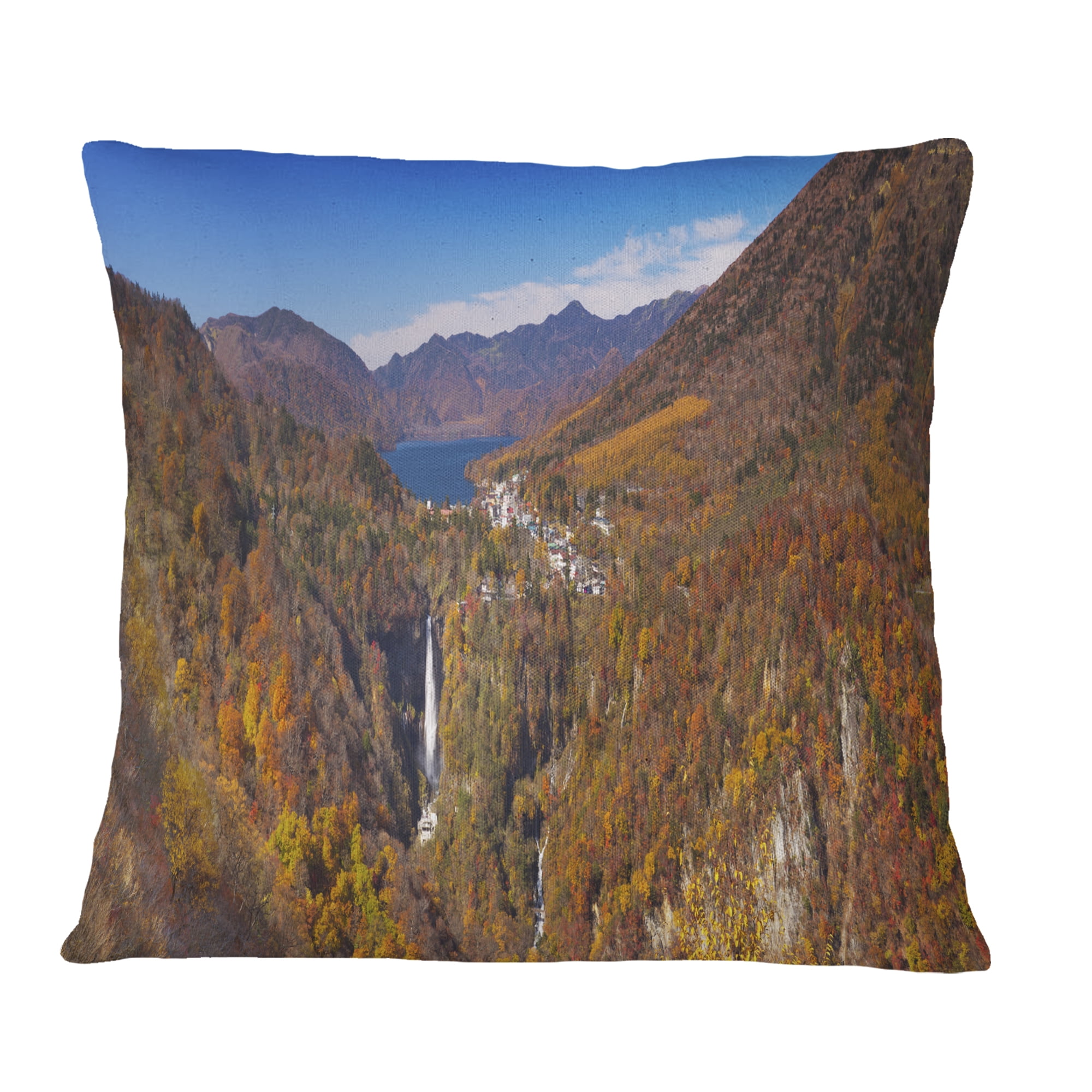 Designart Kegon Falls near Nikko Panorama - Landscape Printed Throw Pillow - 16x16