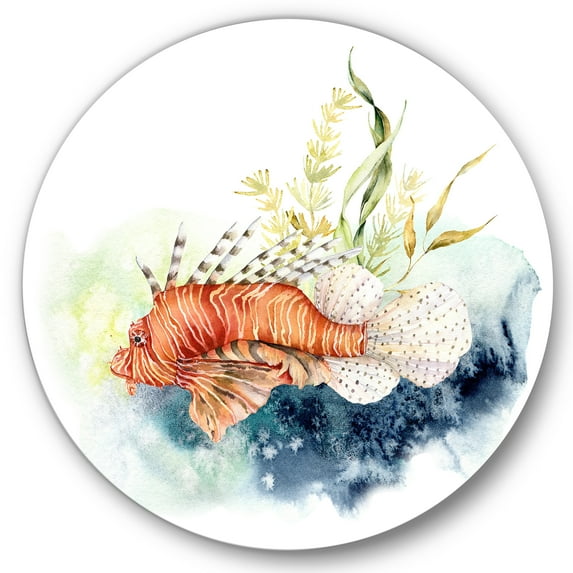 Designart 'Kelp and Lionfish With Coral Reef and Laminaria' Nautical & Coastal Circle Metal Wall Art 23x23 - Disc of 23