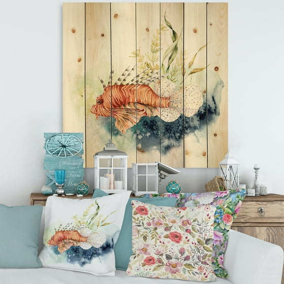 Designart 'Kelp and Lionfish With Coral Reef and Laminaria' Nautical & Coastal Print on Natural Pine Wood