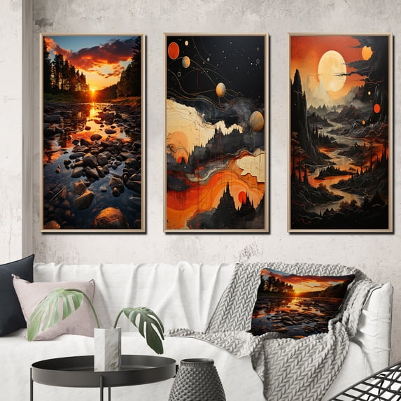 Designart "Kentucky horizon River" Kentucky Framed Wall Art Set Of 3 - Orange Kentucky Frame Gallery Set For Office Decor