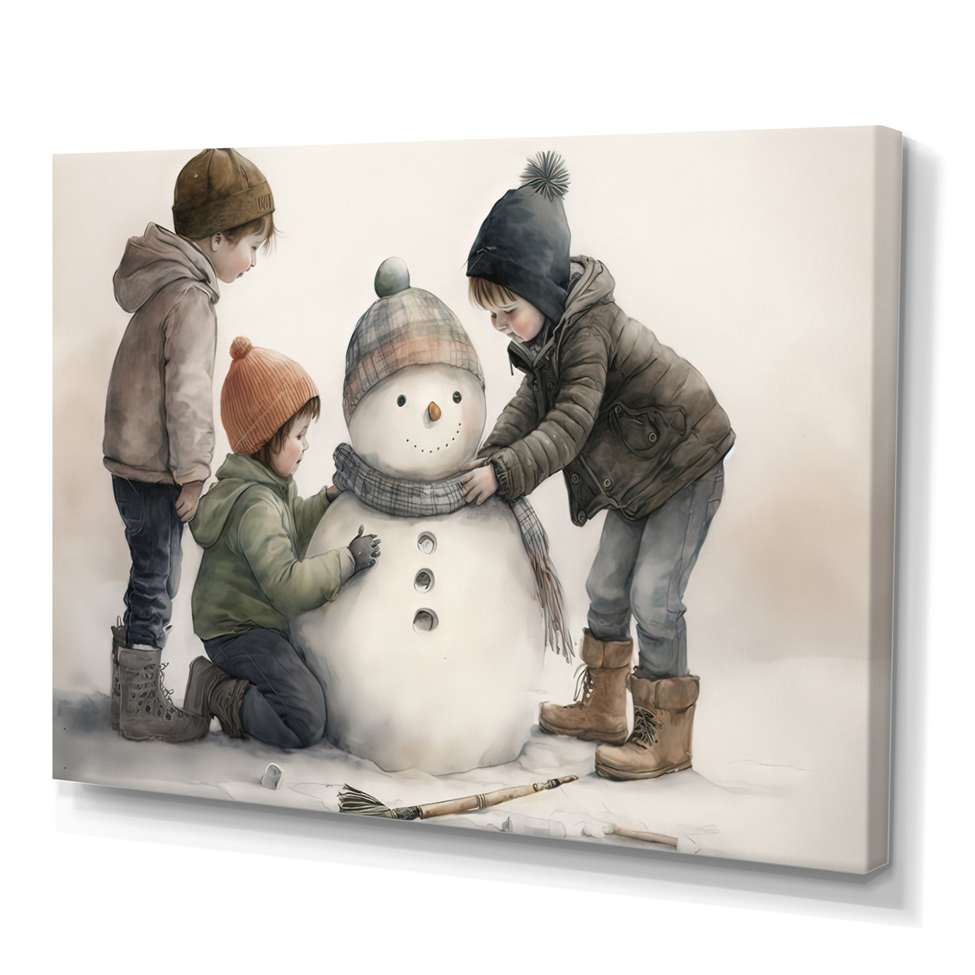 Designart Kids Building A Huge Snowman III Canvas Wall Art